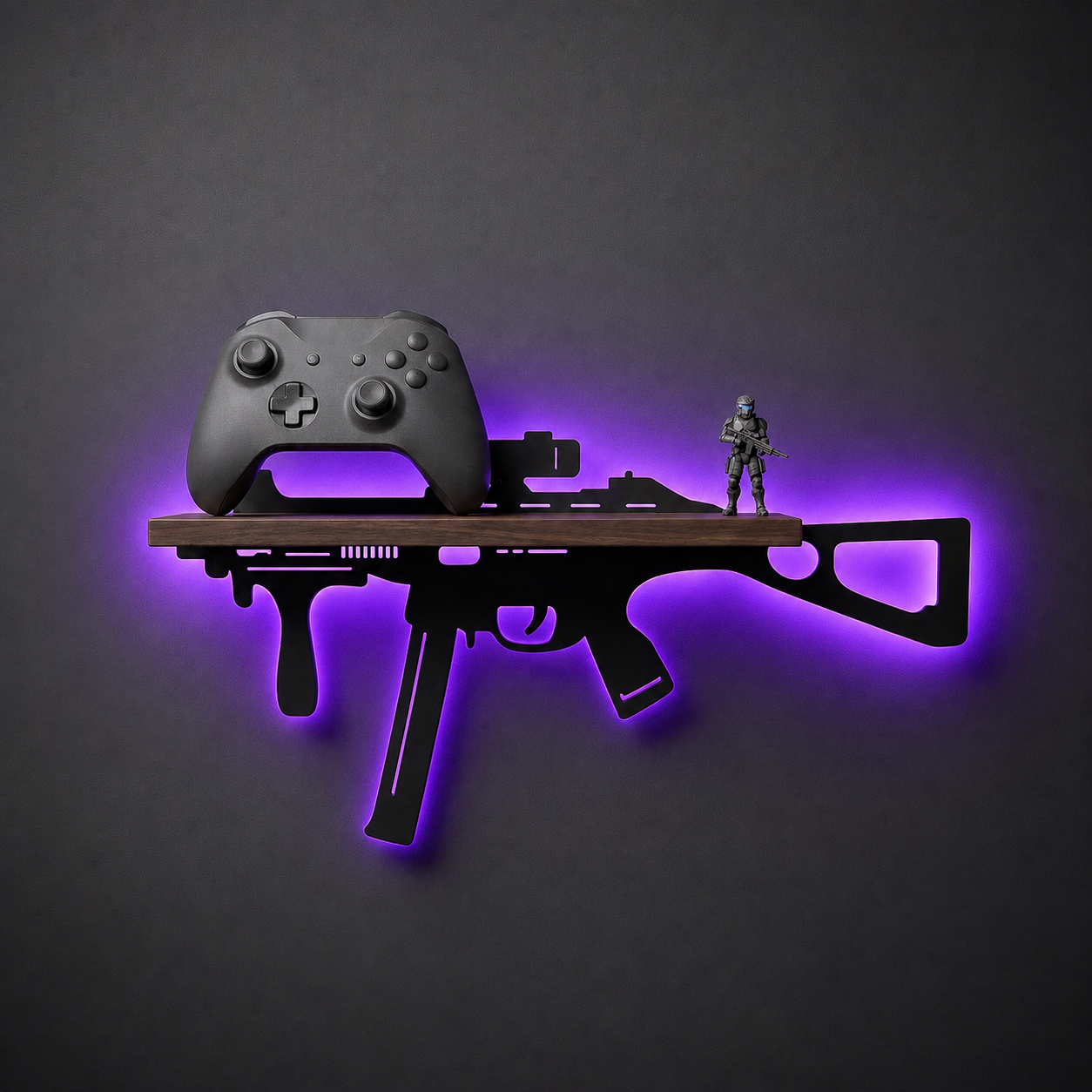 IronGlow LED display shelf, UMP-style silhouette, purple backlit RGB LED, wood shelf holding a game controller and figurine