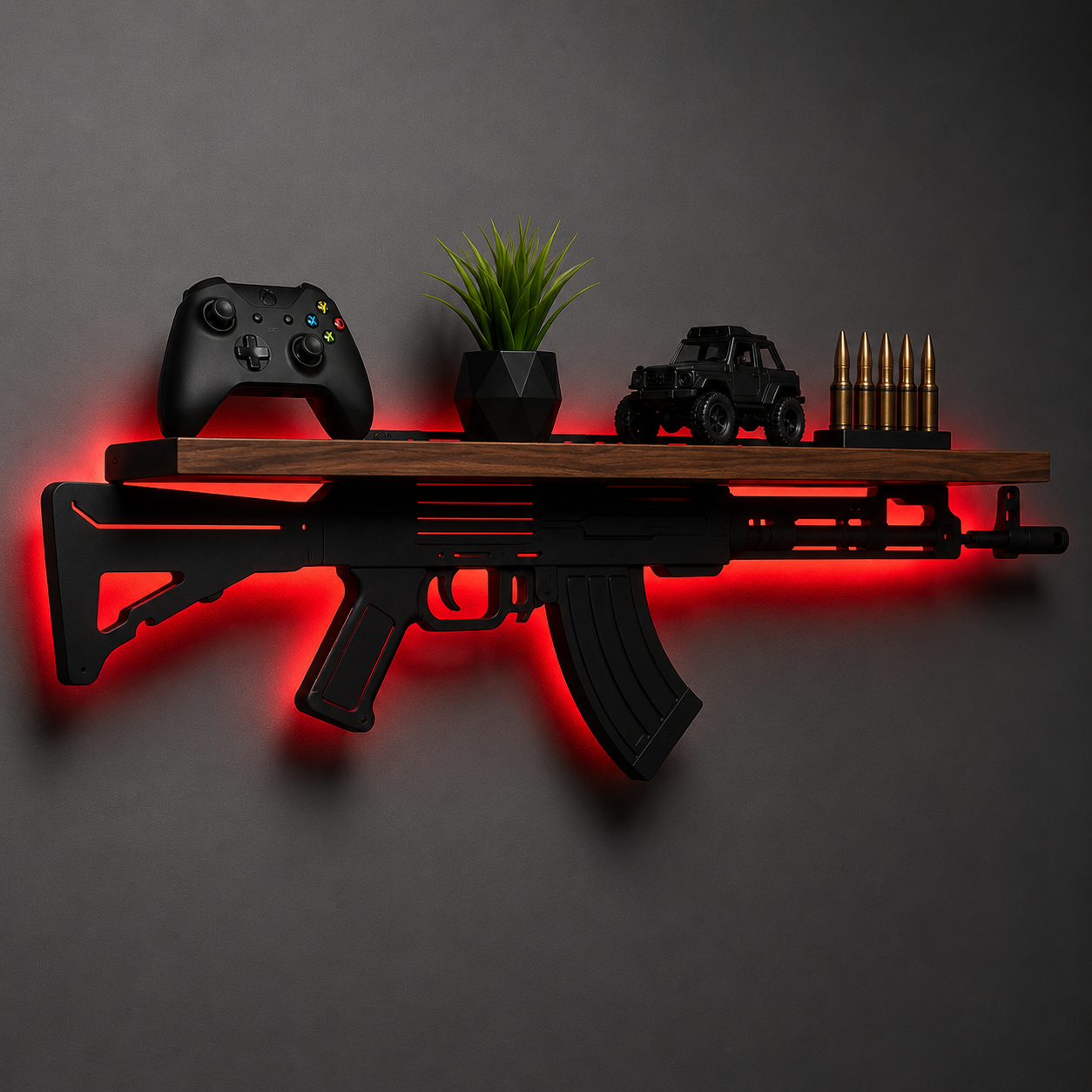 IronGlow LED display shelf, M4/AR-style silhouette, blue backlit RGB LED, wood shelf holding a game controller and collectibles