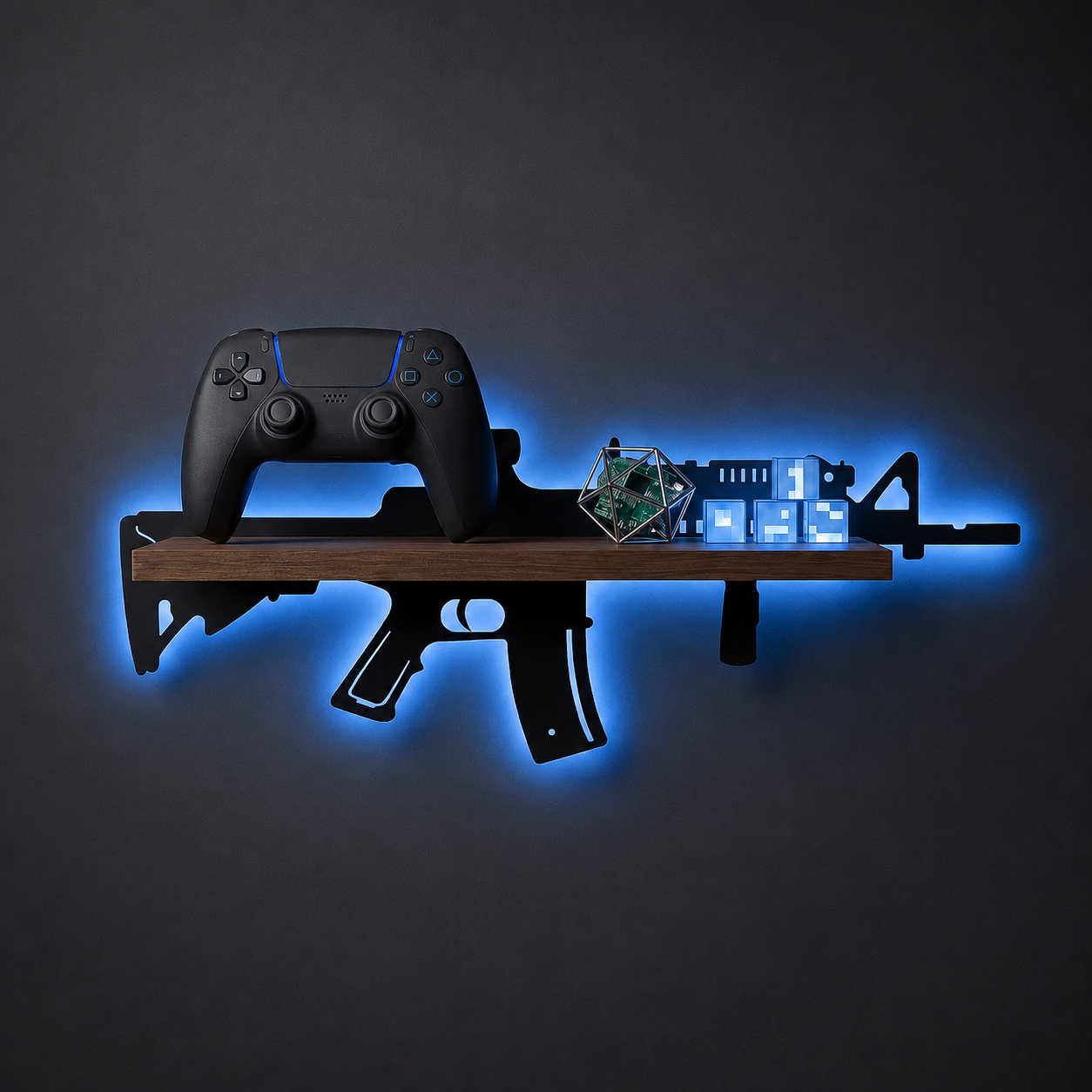 IronGlow LED display shelf, AK-47-style silhouette, red backlit RGB LED, wood shelf holding a game controller, plant, toy truck and decorative rounds